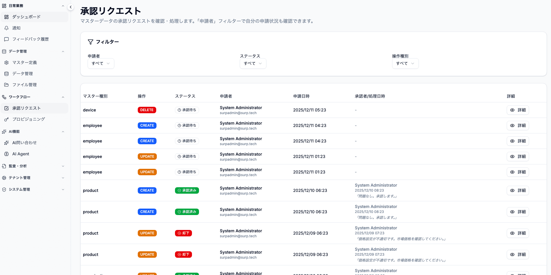 承認ワークフローのスクリーンショット