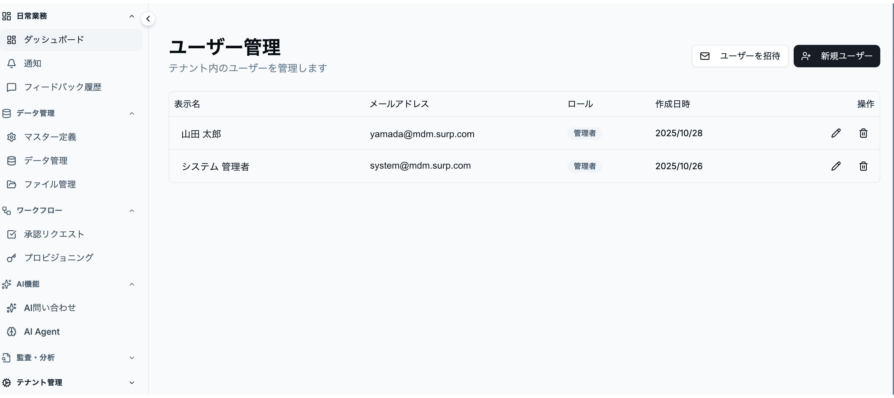 ユーザー管理のスクリーンショット